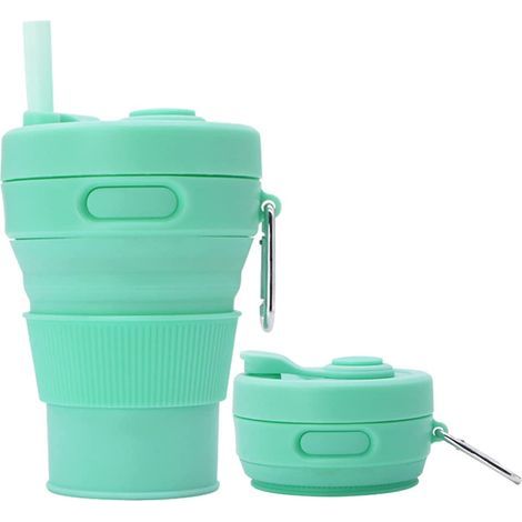 Gobelet à café pliable en silicone avec paille, réutilisable et portable (vert - 450 ml) (1/2)