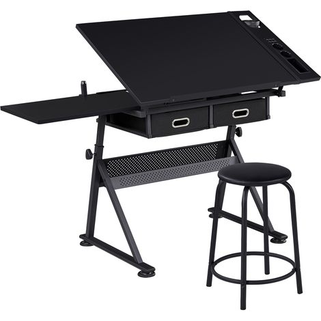 Yaheetech – Table à dessin inclinable hauteur réglable avec tabouret – MDF E1 et métal – Angle 0°-60° – Hauteur 69,5-92,5 cm – 2 tiroirs compartiments à crayons