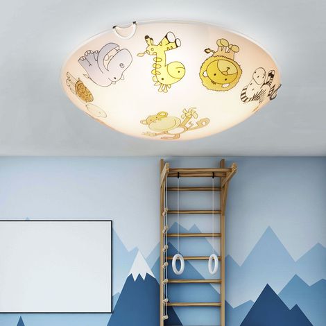 LED Kinderleuchte Deckenlampe Glas Kinderzimmerlampe rund, Glas bunt mit Tiermotiven, 2x 11W 2x 1055lm warmweiß, DxH 30x6,5 cm