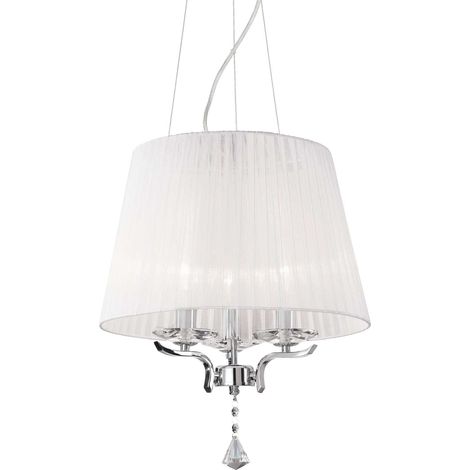 Ideal Lux Pegaso - Lámpara colgante de techo con 3 brazos y 3 luces, cromada, blanca con cristales y pantalla de organza, E14