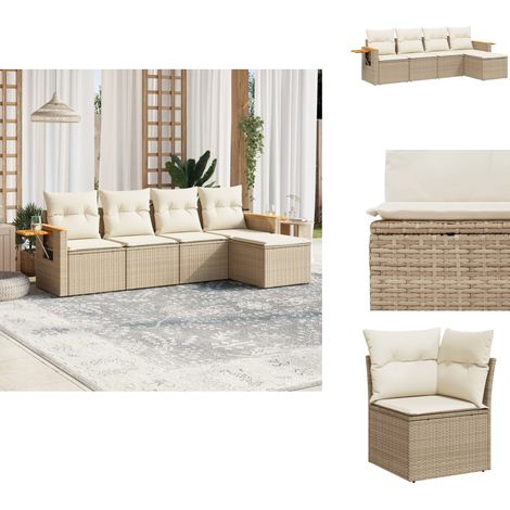 5-tlg. Garten-Sofagarnitur mit Kissen Beige Poly Rattan - Gartenmöbel - Outdoor Möbel - Rattan Gartenmöbel - Lounge Set - Gartenlounge (1/5)