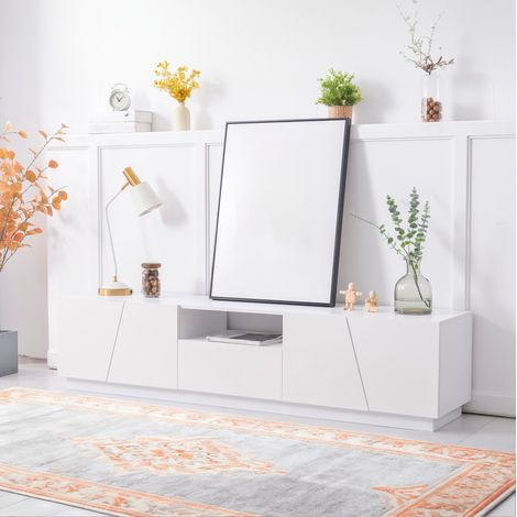 Meuble TV 170x37x42 cm blanc en MDF avec portes à découpe irrégulière et rangements ouverts (1/5)