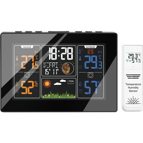 Wetterstation für den Innen- und Außenbereich, digitales Thermometer und Hygrometer, Temperatur- und Luftfeuchtigkeitsalarm und LCD-Farbdisplay
