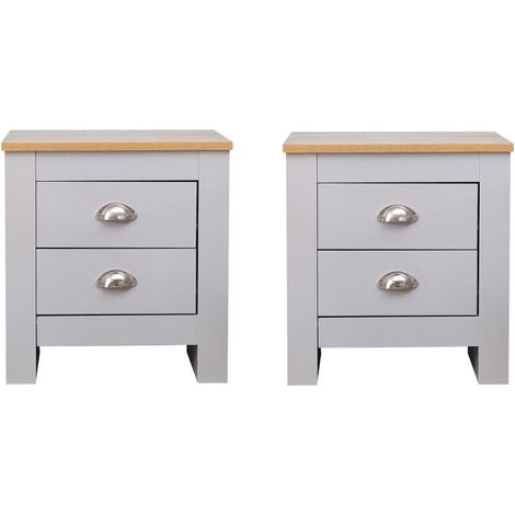 FURNITURE HMD Grey 2 Drawers Bedside Tables x 2 PCS (1/5)
