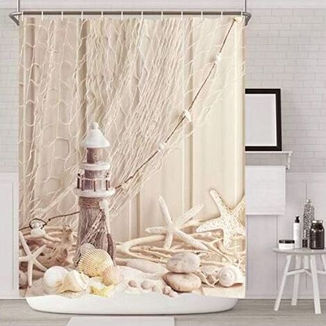 Duschvorhang aus Stoff mit Schlaufen – 120180 – Muschelmuster – Digitaldruck – Polyesterfaser – Schimmelresistent – Beige (1/4)