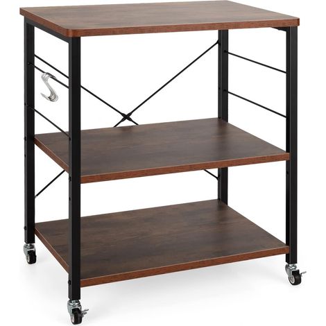 Costway – Desserte de cuisine 3 niveaux – Chariot de service avec 10 crochets amovibles – Dimensions 60x40x73,5 cm – Cadre métal et MDF – Roulettes verrouillables
