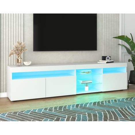 Meuble TV blanc contemporain, panneau rétroéclairé, éclairage LED réglable, séjour/salle à manger 180 cm (1/5)