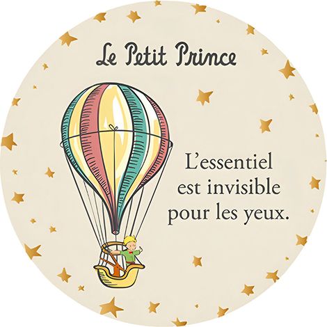 Magnet rond beige Le Petit Prince en montgolfière 5,5 cm