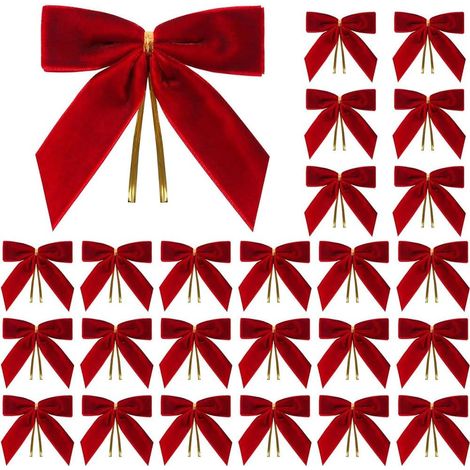 Lot de 24 décorations de Noël pour sapin et maison, nœuds en velours rouge et rubans dorés (rouge)