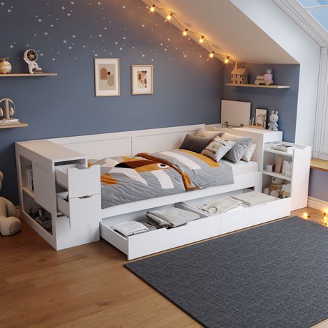 Cama nido infantil MDF blanca 90x200 cm con almacenaje integrado, mesita y somier de láminas incluido (1/5)