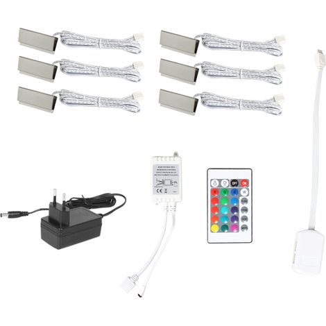 Juego de luces LED con clip para estantes de vidrio con control remoto (6 luces, RGB) para estantes de vidrio debajo de los muebles. (1/5)