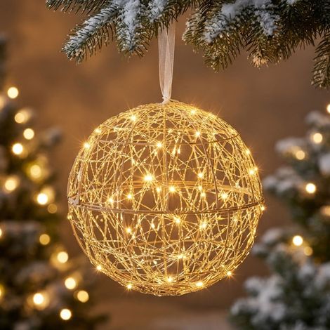LED Kugel gold zum Hängen für Außen und Innen mit Timer und Fernbedienung - 30 cm - Metall Leuchtkugel 300 LEDs warm weiß dimmbar mit Stecker für Außen und Innen