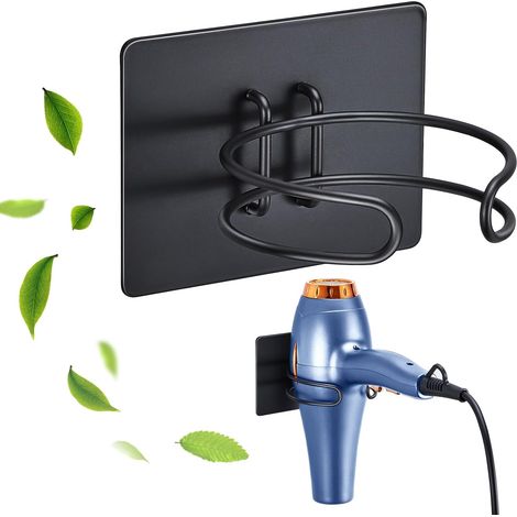 (Noir)Support Seche Cheveux, Porte seche cheveux Mural, Support Sèche cheveux Sans Percage, Accroche Seche cheveux, Support Mural seche Cheveux Convient pour Salle de Bain, Hôtel (1/5)