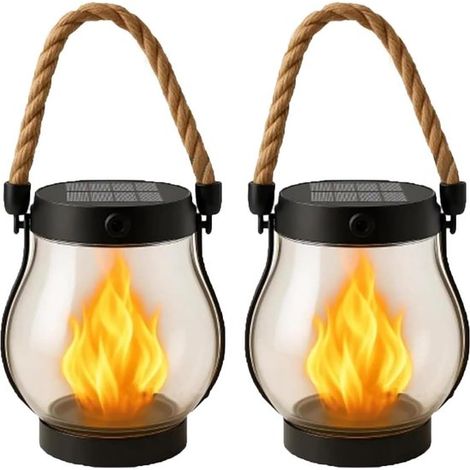 2-teiliges Set schwarzer 12x13cm Solar-Laternen mit tanzender Flamme und Hanfseil, wasserdichte Hängeleuchten für Terrasse und Garten (1/5)