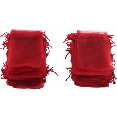 Lot de 100 sachets en organza, 10x15cm, sachets cadeaux transparents à cordon, pochettes à bijoux portables en filet, pochettes à bijoux rouges à cordon pour mariage. (1/5)