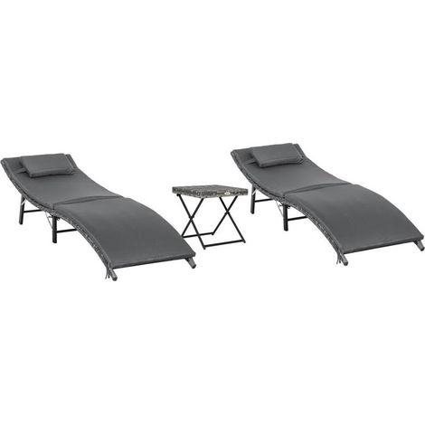 LETTINI PRENDISOLE RICHIUDIBILI CON CUSCINI RIMOVIBILI E TAVOLINO PIEGHEVOLE. SET 3 PZ IN RATTAN. GRIGIO (1/5)