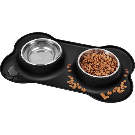 Filiyano-Gamelle double antidérapante en acier inoxydable avec tapis anti-déversement en silicone pour chats, chiens et chiots, couleur noire, taille (1/5)