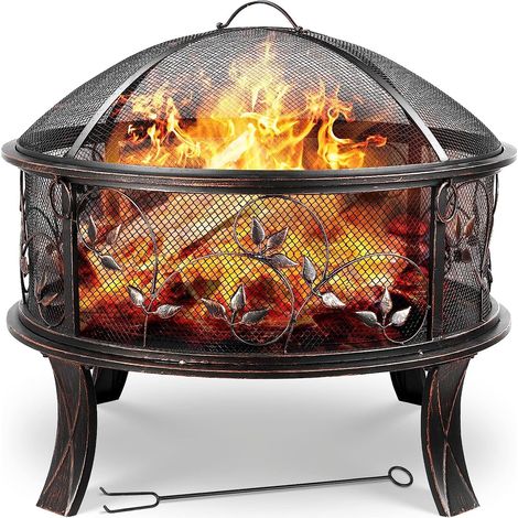 TLGREEN Feuerschalen, Feuerkorb mit Funkenschutz, Feuerschale Garten Ø71x65cm, Feuerstelle Retro-Look, inkl. Poker & Kohlerost, Heizung im Winter Stabil, Blumen Grasmuster, für Garten, Camping, Strand