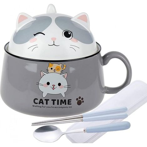 BOL à RAMEN CHAT KAWAII - GRIS 1020 ML - Avec un set de couverts (1/5)