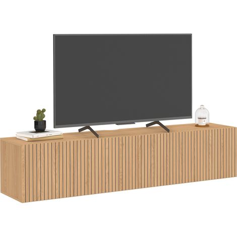 Meuble TV 140 cm suspendu JULIETTE 2 portes lattes tasseau bois coloris chêne (1/5)
