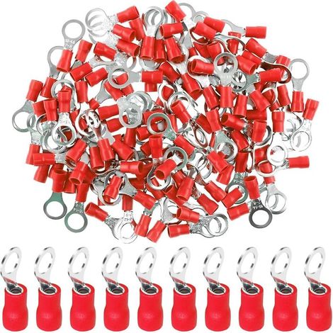 100 terminali ad anello in rame M8 isolati di colore rosso, spessore 0,5-1,5 mm², sezione 22-16 AWG, per cablaggio elettrico. (1/5)
