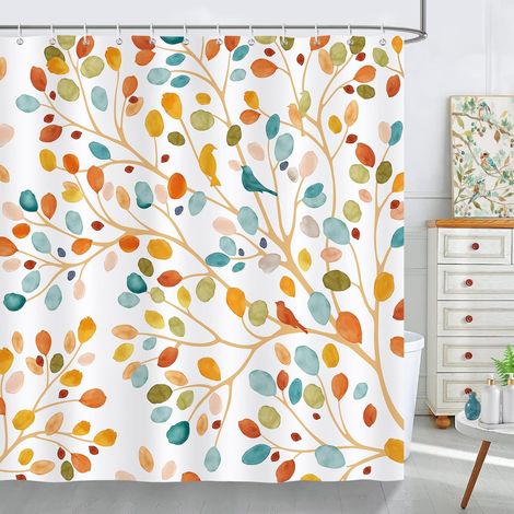 Cortina de ducha estilo bohemio con plantas coloridas, 180 x 180 cm, tejido de poliéster lavable con 12 ganchos.