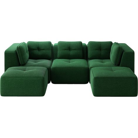 Modulares Wohnzimmer-Sofa mit Ottomane, 3-Sitzer, grünem Kordvelours, montagefrei (1/5)