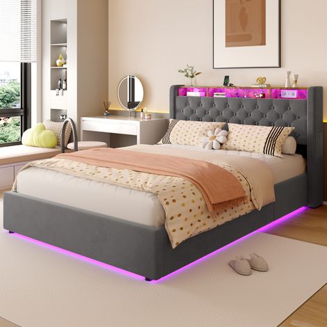Letto imbottito 140x200 cm, Velluto Holland, Vano idraulico, LED e porte USB, Ripiano in testiera, Grigio (1/5)