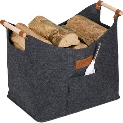 Relaxdays Cesto Portalegna in Feltro da 50L, con Maniglie in Legno, HLP: 40x51x32 cm, Cestino Porta Legna Camino, Grigio (1/5)
