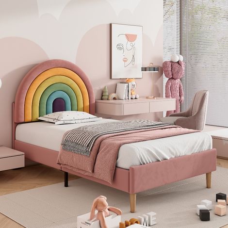 Polsterbett 90x200 mit höhenverstellbarem Regenbogen-Kopfteil und Lattenrost, modernes Einzelbett und Jugendbett aus weichem Samt, Rosa (1/5)