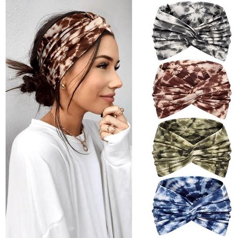 Diadema para mujer, paquete de 4 pañuelos elásticos extra anchos de 18 cm, estilo bohemio, para yoga, deportes y cosmética (azul, marrón, gris, verde). (1/5)