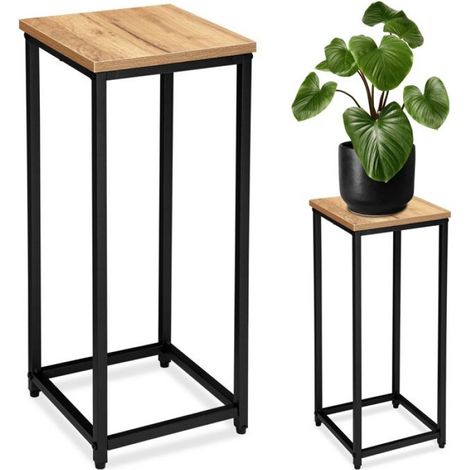 Support à Fleurs - Acier Noir Mat + Panneau Chêne Artisanal - Pour Salon ou Bureau - Hauteur 63 cm - 1 Pièce (1/5)