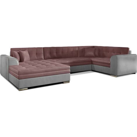 Canapé panoramique convertible DIANO velours A gauche-Gris clair/Rose-Méridienne A gauche (1/5)
