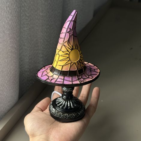 Lampe chapeau de sorcière LED peinte à la main - Décoration d'Halloween alimentée par USB avec effet lumineux, décoration de table gothique vintage pour (1/5)