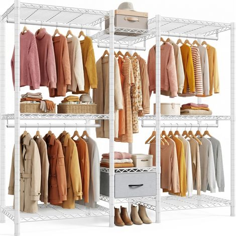 Klyvvo Portant à vêtements solide Belle texture - Penderie Vêtement Dressing Chambre Adulte avec 8 étagères réglables - 5 tringles à vêtements & 1 tiroir - 445 KG de capacité - 189x45x194.5 cm - Cadr