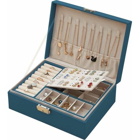Women's Jewelry Box, 2 Layer Lockable Leather Jewelry Box Jewelry Organizer, Small Jewelry Storage Case Ring Storage Earrings Necklaces (green) (1/5)