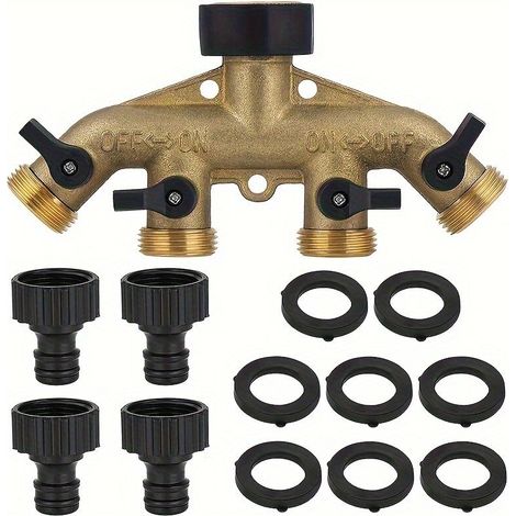 Répartiteur de Robinet de Jardin 4 Voies en Laiton – Diviseur d’Irrigation Multitâche avec Adaptateur, Filetage Européen 3/4"