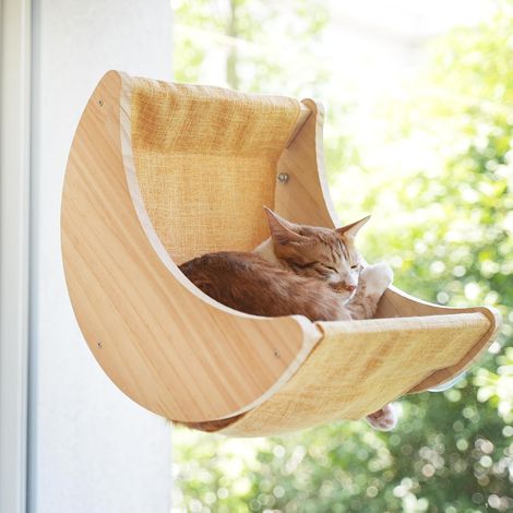 1 - Perchoir Chat - Lit Fenêtre - Design Lune - Observation Oiseaux et Détente - Bois Naturel - 60x35cm (1/5)