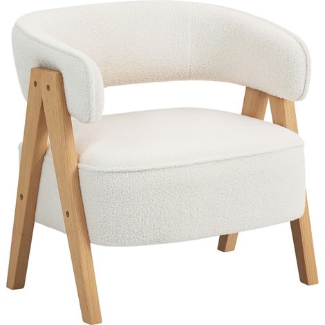 Fauteuil rembourré moderne en fleece blanc avec accoudoirs, pieds en bois et structure métallique (1/5)