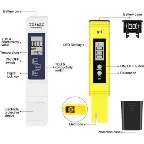 Testeur Ph - Tds - Ec - Temperature - Pour Eau Potable Piscine Aquarium Hydroponie - 2 En 1 Stylo Numerique (1/4)