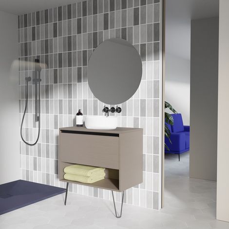 Freistehender Badezimmerschrank 80 cm geräuchert sandgestrahlt mit Aufsatzwaschbecken - Cambridge - Rauch 80 cm mit spiegel und LED Lampe - Colore: Fumé - Accessorio: Con specchio e lampada LED - M