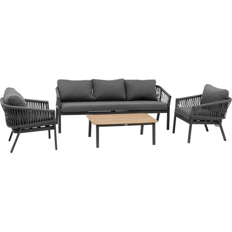 Hesperide – Salon de jardin en aluminium graphite – 5 places – Canapé 3 places + 2 fauteuils + table basse en bois d'acacia – Coussins déhoussables