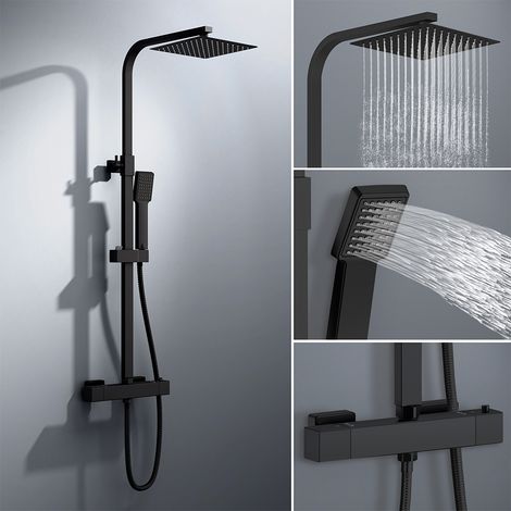 colonna doccia quadrata completo di miscelatore termostatico rettangolo, soffione quadrato 20x20cm, nero
