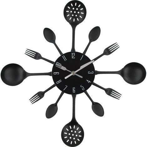 Horloge murale en métal de 40,6 cm - Couverts de cuisine - Cuillère - Fourchette - Horloge murale créative et moderne - Décoration d'intérieur (noir) (1/5)