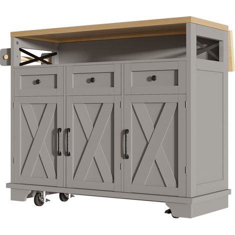 Îlot de cuisine gris 118 x 43 x 98 cm avec plateau rabattable, rangement multifonction et roulettes (1/5)