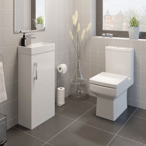 White Bathroom Suite Cloakroom Vanity Unit Square Close Coupled Toilet Basin Set (1/5)