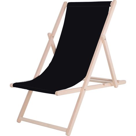 Tumbona de playa plegable, de madera con tela negra.