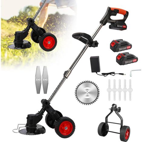 Coupe-Herbe électrique sans Fil 21 V avec poignée en D, débroussailleuse à 2 Roues, Coupe-Bordures et débroussailleuse 3 en 1 sans Fil, Coupe-Bordures Rechargeable avec 2 Batteries (1/5)