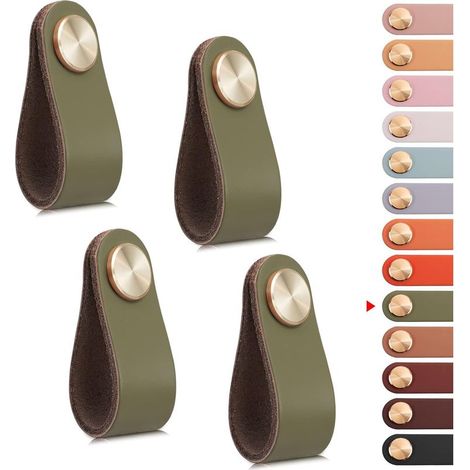 4pcs Poignée Meuble Cuir, Bouton Porte Placard Poignee Cuir Bouton de Tiroir, Poignee de Meuble Vintage pour Armoires, Commode, Cuisine, Salle de Bain (Vert, Monotrou) (1/5)