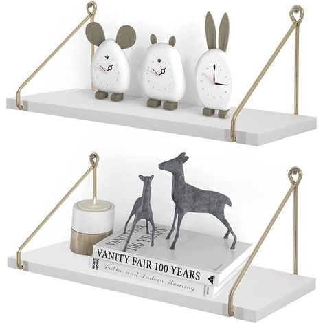 Etagere Murale Bois Blanc Or Metal Salle de Bain Chambre Cuisine Moderne Design Domicile Decorer, Lot de 2 A578